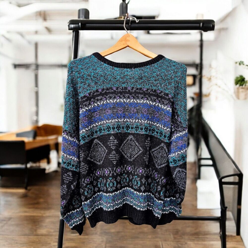 VTG 80s Unisex Nordic Geometric Sweater Small Grandpa Core Chunky  Black Teal